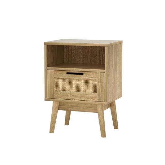 Artiss Rattan Bedside Table 1 Drawer with Shelf - REI Oak