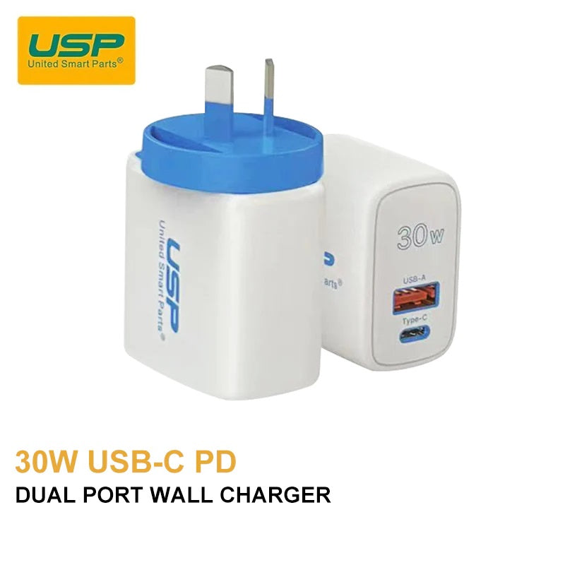 USP 30W Dual Port (USB-A + USB-C) PD Fast Wall Charger - (6972475750633), PD + QC3.0 Fast & Safe Charge, Compact, Travel-Ready, FireProof Material