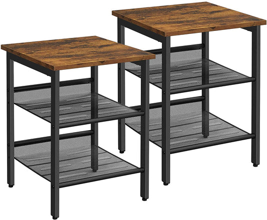 Industrial Set of 2 Bedside Tables with Adjustable Mesh Shelves Rustic Brown and Black