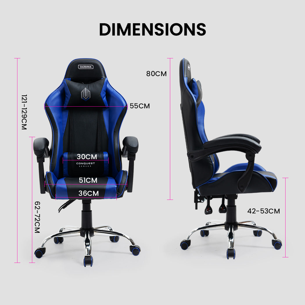 OVERDRIVE Conquest Series Reclining Gaming Ergonomic Office Chair with Lumbar and Neck Pillows, Black and Blue