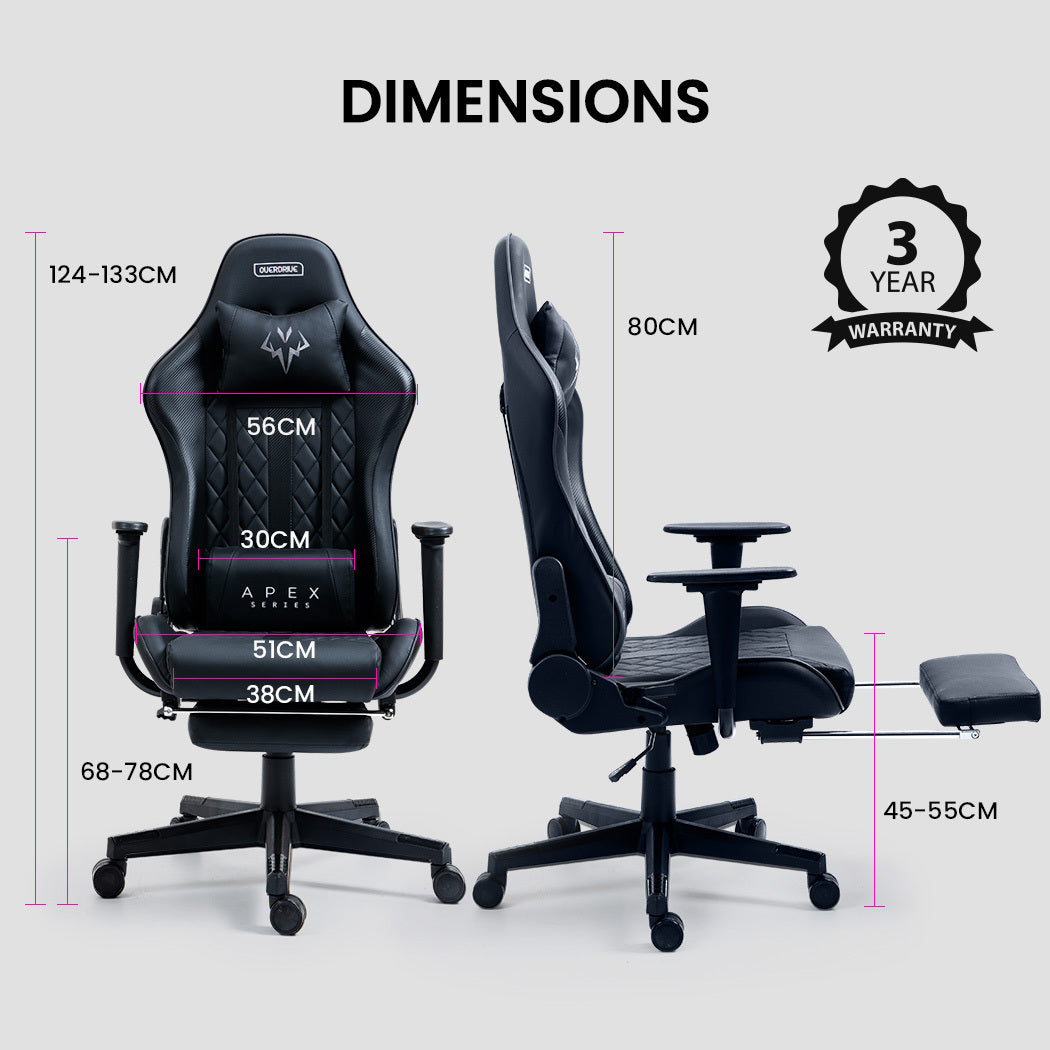 OVERDRIVE Apex Series Reclining Gaming Ergonomic Office Chair with Footrest, Black