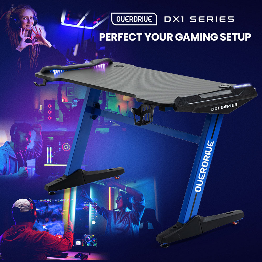 OVERDRIVE Gaming Desk, 120x60cm, Carbon Fiber Styling, LED Lights, Headset Hanger, Cup Holder, Cable Management, Blue