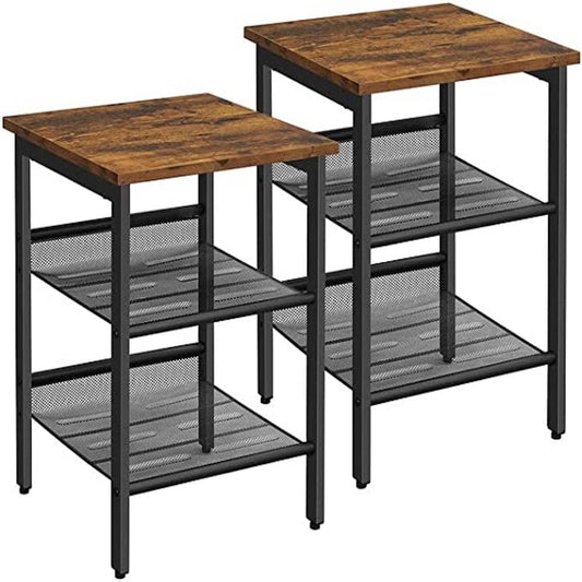 VASAGLE Side Table Set Nightstand Industrial Set of 2 Bedside Tables with Adjustable Mesh Shelves Rustic Brown and Black