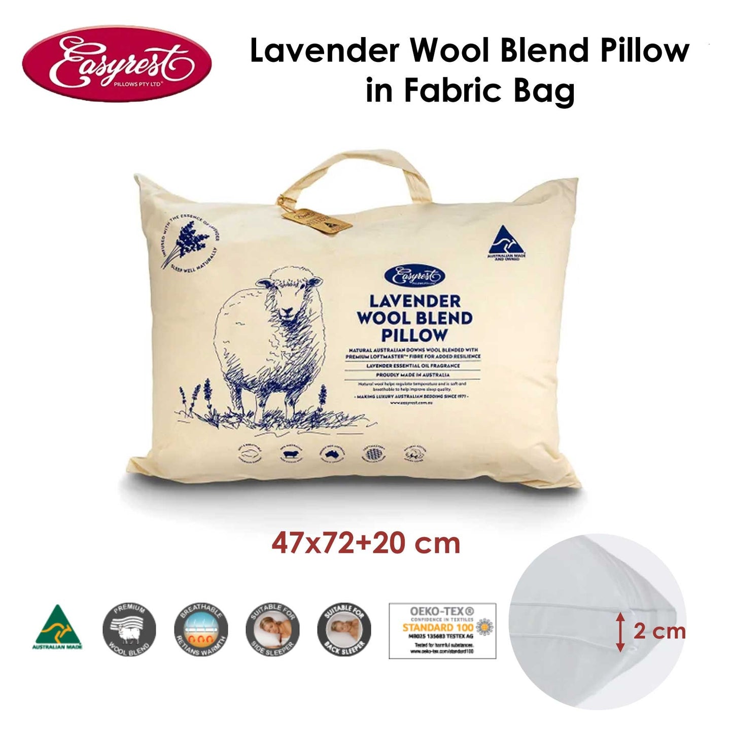 Easyrest Lavender Wool Blend Standard Pillow in Fabric Bag