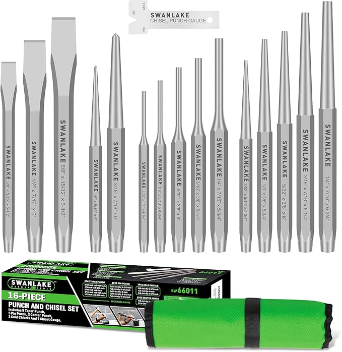 SWANLAKE Punch and Chisel Set, Including Taper Punch, Cold Chisels, Pin Punch, Center Punch (16pcs)