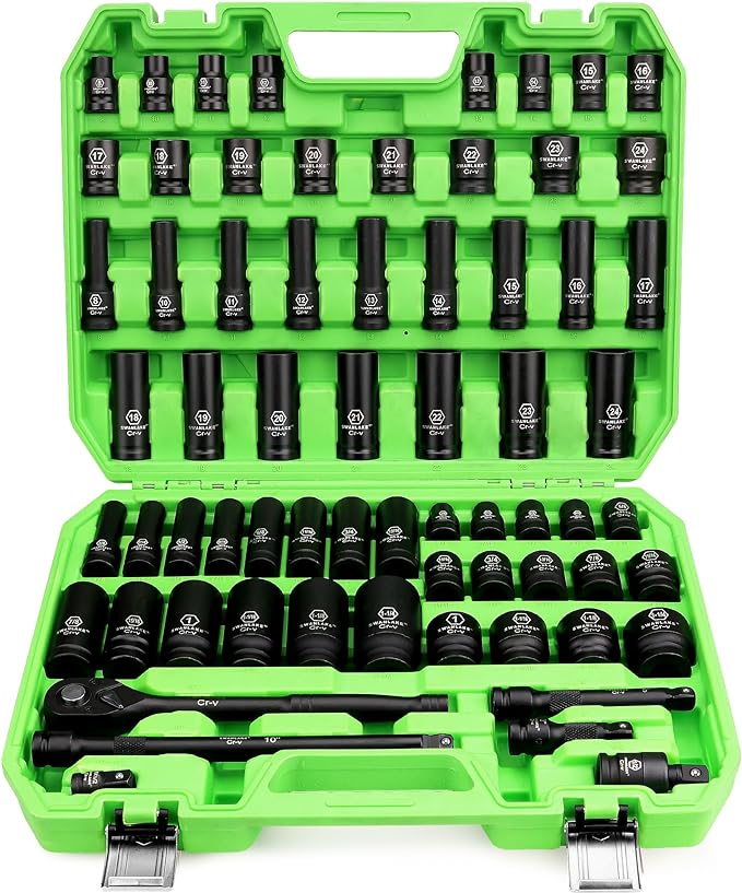 SWANLAKE 1/2" Drive Impact Socket Set, 66-Piece Standard SAE (3/8"-1-1/4") and Metric (8-24mm) Size, 6 Point, Cr-V, 1/2-Inch Drive Ratchet Handle, Drive Extension Bar, Impact Universal Joint