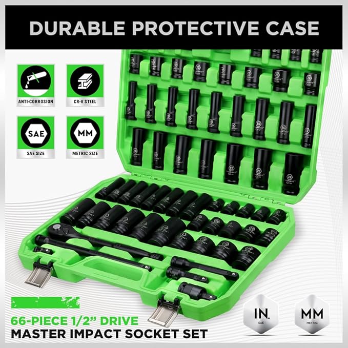 SWANLAKE 1/2" Drive Impact Socket Set, 66-Piece Standard SAE (3/8"-1-1/4") and Metric (8-24mm) Size, 6 Point, Cr-V, 1/2-Inch Drive Ratchet Handle, Drive Extension Bar, Impact Universal Joint