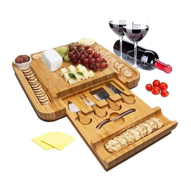 Bertha Bamboo Cheese Charcuterie Board and Knife Set 9 piece Square 34cm Free Delivery