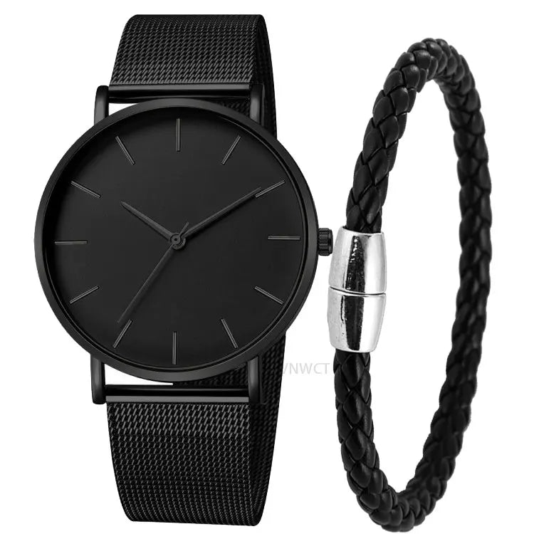 NNEOBA Mens Ultra Thin Magnetic Bracelet Quartz Watch - All-Black Slim Mesh Steel