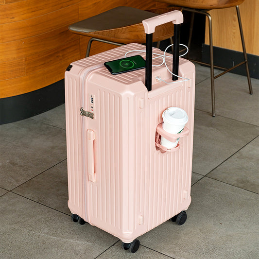 Smart Hard-Shell Luggage with USB Charging Port & Cup Holder - 20"Spinner Suitcase in Pink