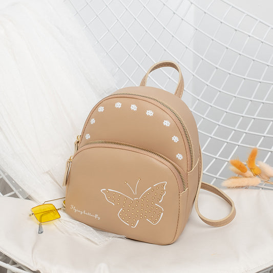 Mini Faux Leather Backpack with Butterfly Design -Khaki Cute Backpack for Girls