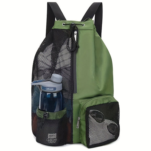 Green Mesh Drawstring Swim Backpack with Wet Pocket - Lightweight Beach, Gym, Outdoor Sports Bag - 245g