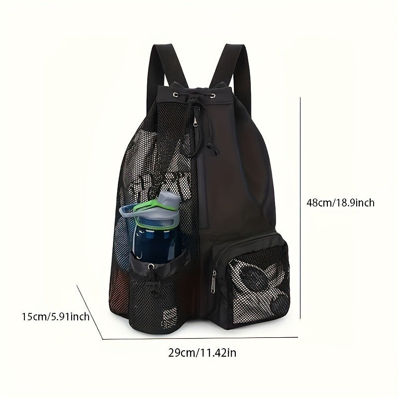 Light Grey Mesh Drawstring Swim Backpack with Wet Pocket - Lightweight Beach, Gym, Outdoor Sports Bag - 245g