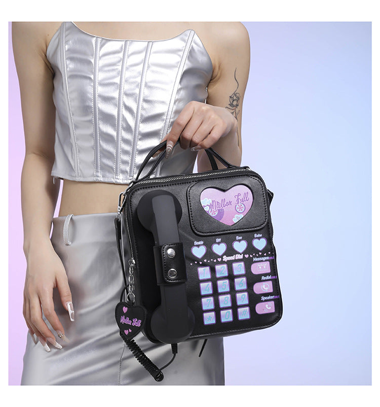 Black Sweet Girl Creative Crossbody Bag with Telephone Design, PU Material, Lightweight and Unique