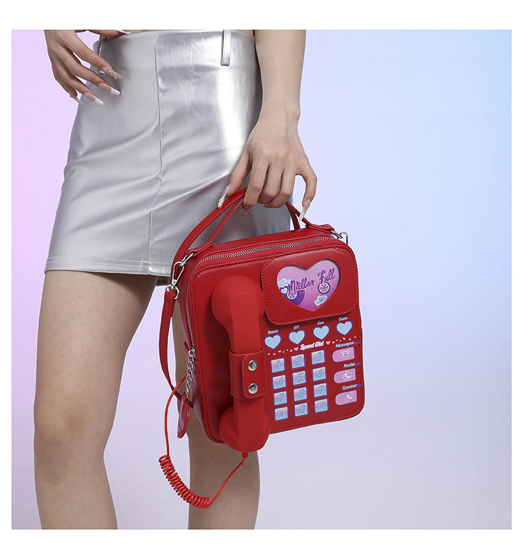 Red Sweet Girl Creative Crossbody Bag with Telephone Design, PU Material, Lightweight and Unique