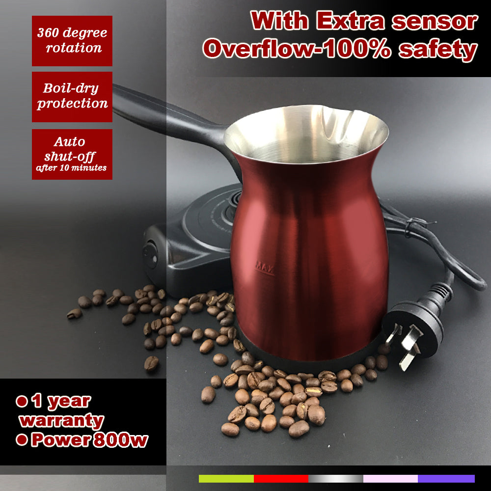 Red Electric Turkish Greek Arabic Coffee Maker Pot Automatic Sensor Anti Overflow